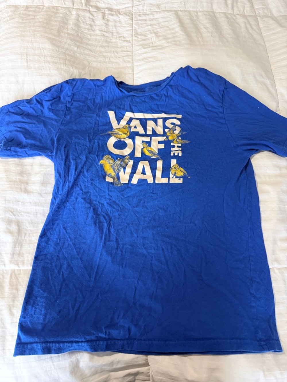 Vans Bright Blue Tee with White Logo and Yellow Bird Accents